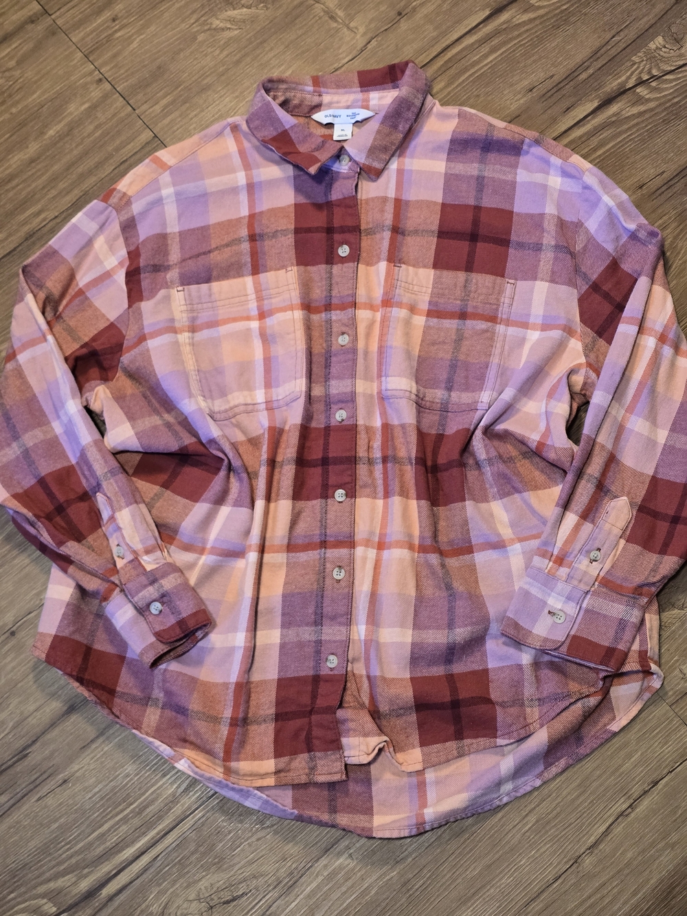 Old Navy Burgundy Plaid Casual Button-Down "The Boyfriend Shirt" XL 100% Cotton